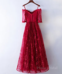 Burgundy sweetheart lace long prom dress, burgundy evening dress