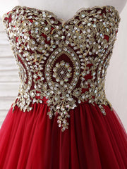 Burgundy Sweetheart Neck Lace Applique Tulle Long Prom Dresses