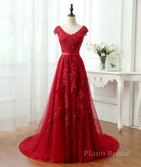 Burgundy tulle lace applique long prom dress, burgundy evening dress