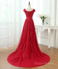 Burgundy tulle lace applique long prom dress, burgundy evening dress