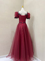 Burgundy Tulle Lace Long Prom Dress, Burgundy Evening Dress