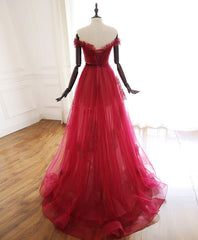 Burgundy Tulle Lace Long Prom Dress Burgundy Tulle Lace Evening Dress