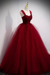 Burgundy Tulle Long A-Line Evening Dress, Off the Shoulder Formal Party Dress