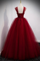 Burgundy Tulle Long A-Line Evening Dress, Off the Shoulder Formal Party Dress