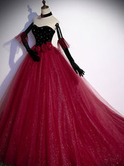 Burgundy  Tulle Long Prom Dress A line Burgundy Graduation Dresses