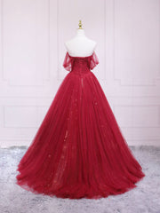 Burgundy Tulle Long Prom Dress, Burgundy Evening Dress