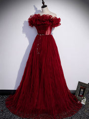 Burgundy Tulle Off Shoulder Long Prom Dress, Burgundy Evening Dress