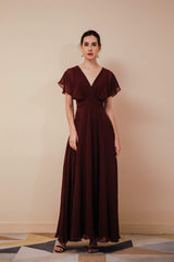 Burgundy V-Neck Chiffon A Line Long Prom Dresses