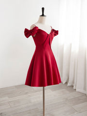 Burgundy  V Neck Satin Short Prom Dress, Burgundy Homecoming Dress