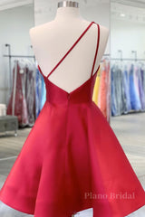 Burgundy v neck satin short prom dress one shoulder cocktail dress