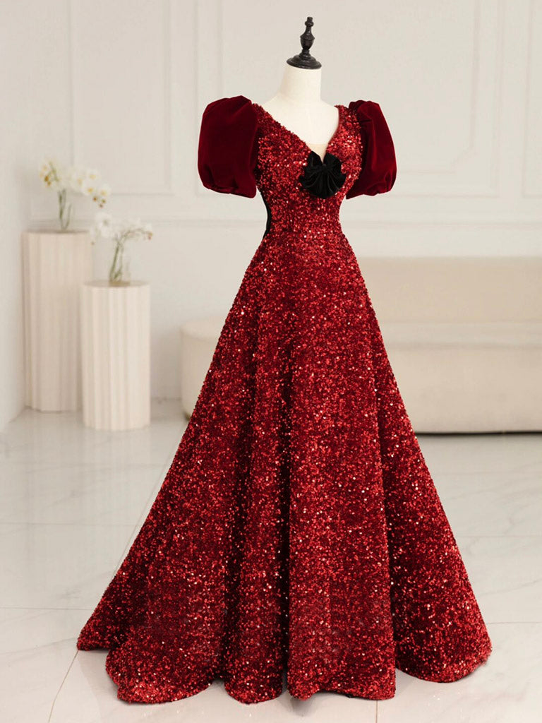 Burgundy V Neck Sequin Long Prom Dress, Burgundy Evening Dress