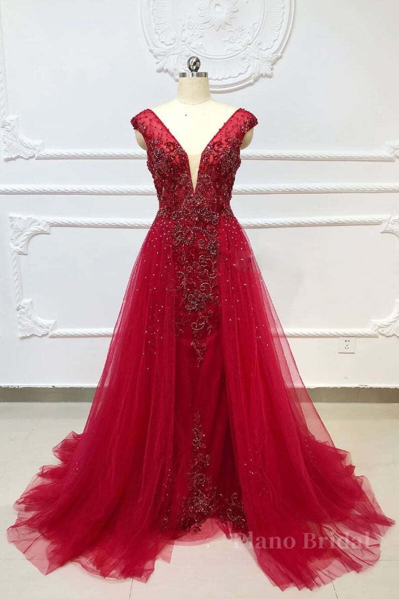 Burgundy v neck tulle beads long prom dress, burgundy evening dress