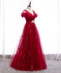 Burgundy V Neck Tulle Lace Long Prom Dress Burgundy Evening Dress