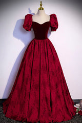 Burgundy Velvet Long A-Line Prom Dress, Burgundy Short Sleeve Evening Dress