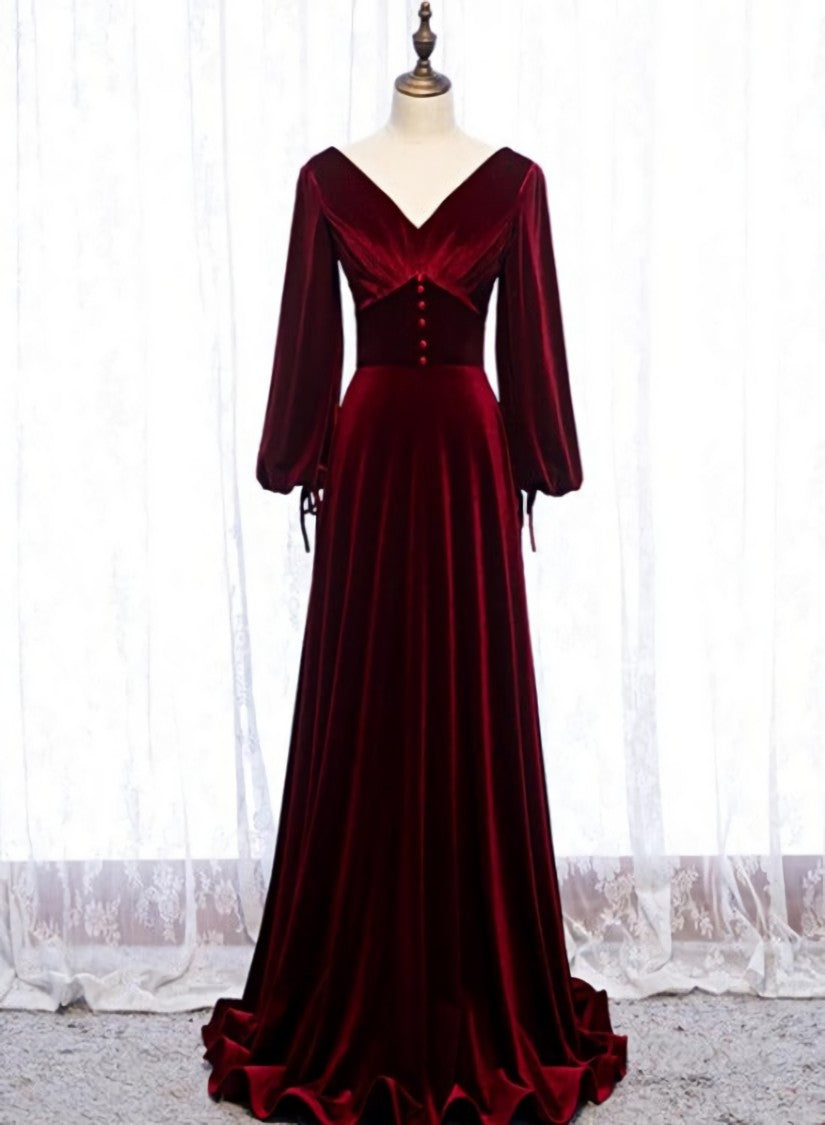 Burgundy Velvet Long Sleeves A-line Prom Dress, Long Simple Bridesmaid Dresses