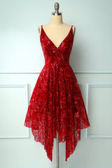 Burgundy V Neck Lace High Low Prom Dress, Lace Formal Dress