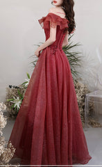 Burgundy Tulle Long A Line Prom Dress Evening Dress