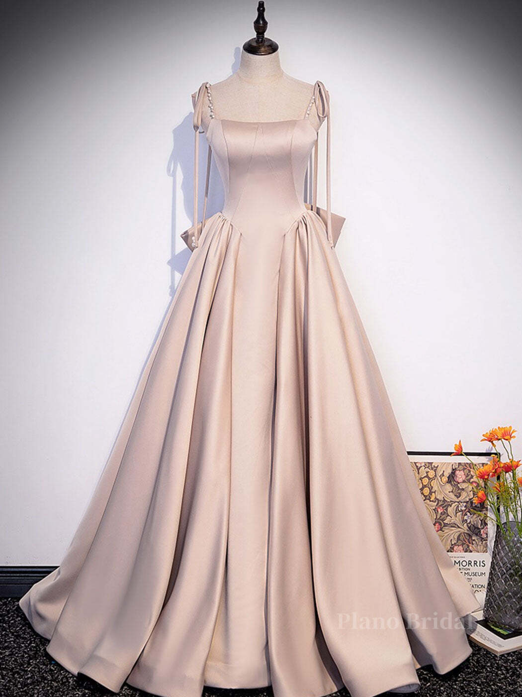 Champagne A-Line Satin Long Prom Dress, Champagne Formal Evening Dress