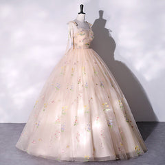 Champagne Floral Tulle Straps Sweetheart Long Party Dress, Ball Gown Sweet 16 Dresses