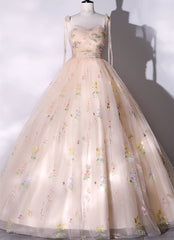 Champagne Floral Tulle Straps Sweetheart Long Party Dress, Ball Gown Sweet 16 Dresses