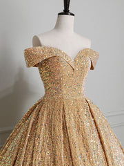 Champagne Off Shoulder Sequin Long Prom Dress, Champagne Formal Dress