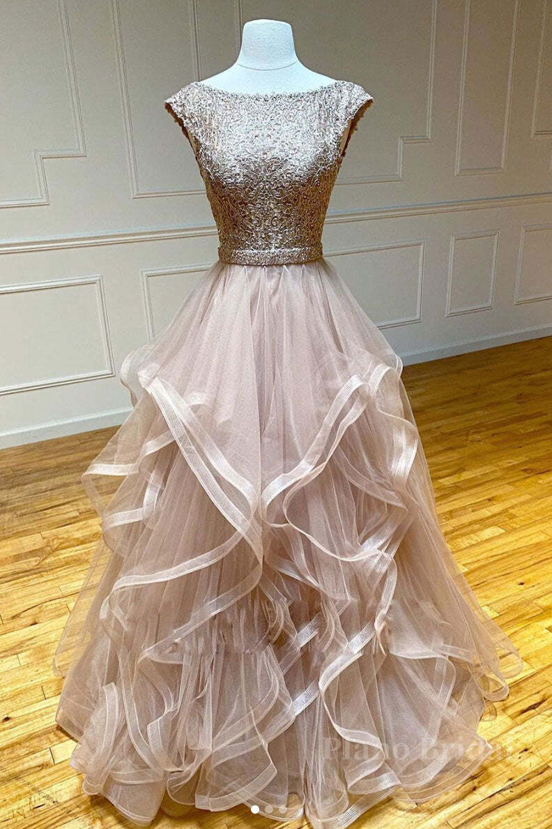 Champagne round neck tulle lace long prom dress evening dress