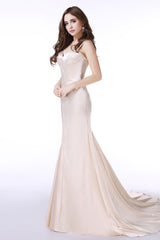 Champagne Satin Mermaid Spaghetti Straps Prom Dresses With Beading