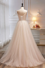 Champagne Spaghetti Strap Tulle Formal Dress with Feathers, Cute A-Line Evening Dress