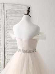 Champagne Sweetheart Off Shoulder Tulle Long Prom Dresses