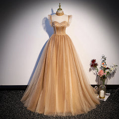 Champagne Tulle Beaded Long Sweet 16 Formal Dresses, Champagne Party Dresses