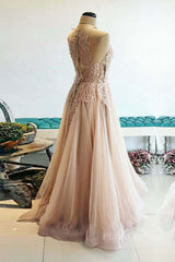 Champagne tulle lace long prom dress, champagne tulle evening dress