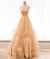 Champagne tulle long prom dress, champagne evening dress