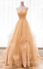 Champagne tulle long prom dress, champagne evening dress