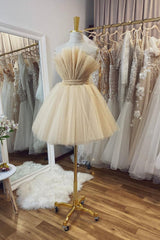 Champagne Tulle Short A-Line Prom Dress, Lovely Strapless Party Dress