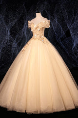 Champagne V-Neck Lace Long Ball Gown, Off the Shoulder Formal Evening Dress