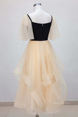 Champagne V Neck Tea Length Prom Dresses, Tea-Length Formal Graduation Dresses