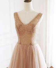 Champagne V Neck Tulle Beads Long Prom Dress Evening Dress