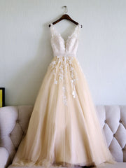 Champagne V Neck Tulle Lace Applique Long Prom Dress, Evening Dress