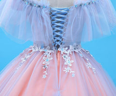 Charming Blue and Pink Tulle Off Shoulder Sweet 16 Dress with Lace, Ball Gown Formal Dress