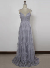 Charming Grey Lace Evening Party Dress , High Quality Formal Gown