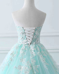 Charming Mint Green Tulle Ball Gown Sweet 16 Dress, Lace Applique Prom Dress