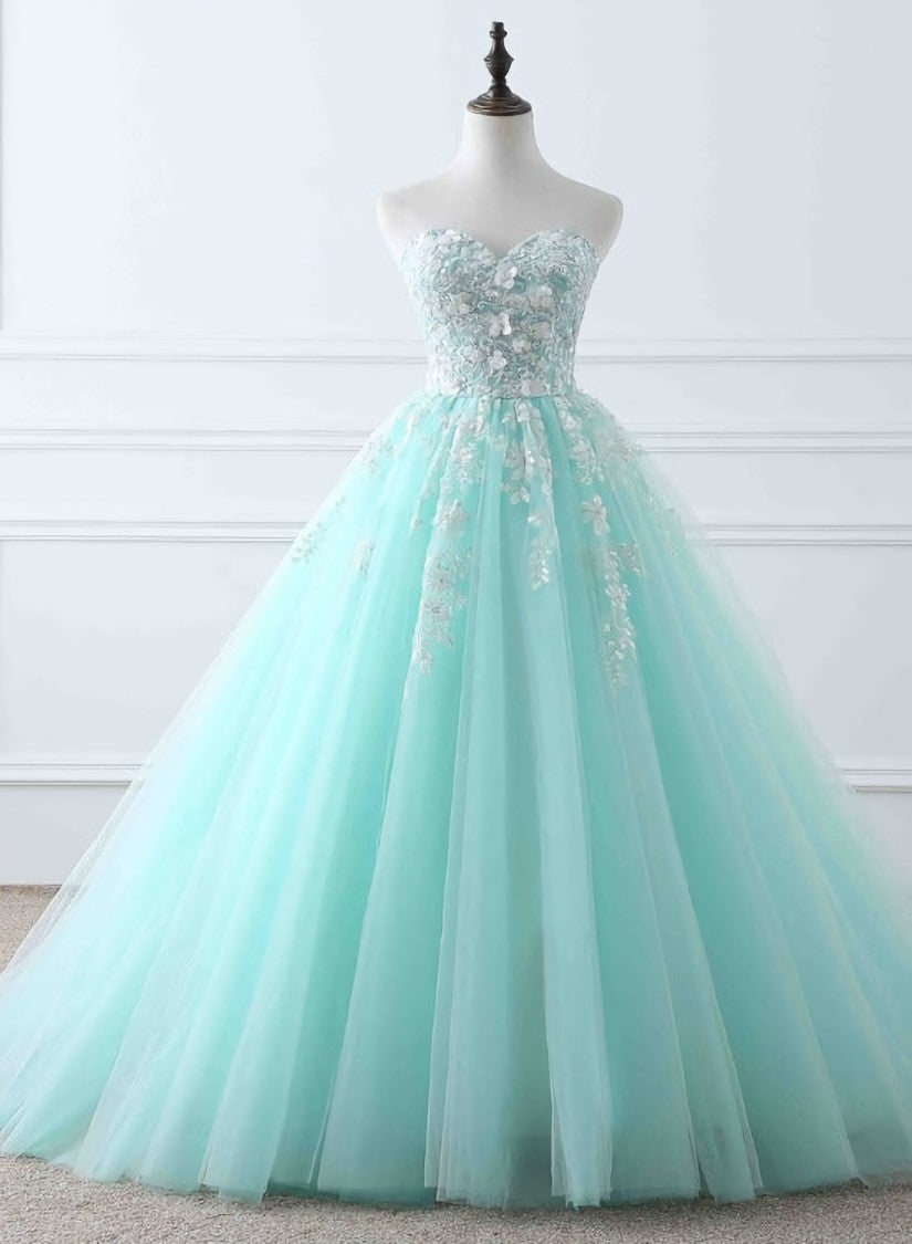 Charming Mint Green Tulle Ball Gown Sweet 16 Dress, Lace Applique Prom Dress