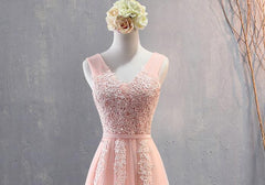 Charming Pearl Pink Tulle Simple Party Dress with Lace, V-neckline Long Formal Dress