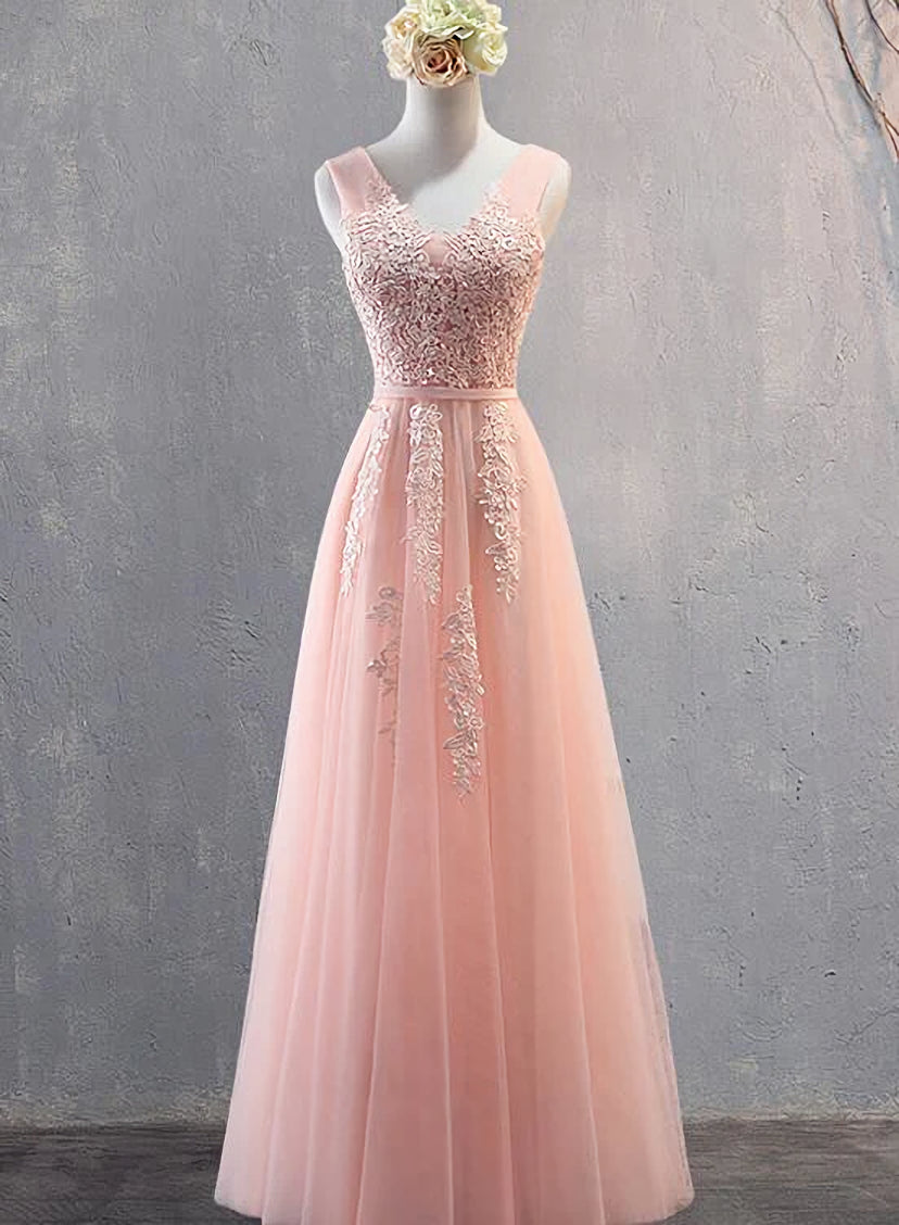 Charming Pearl Pink Tulle Simple Party Dress with Lace, V-neckline Long Formal Dress