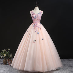 Charming Pink Flowers Ball Gown Long Sweet 16 Dress, Pink Prom Dress