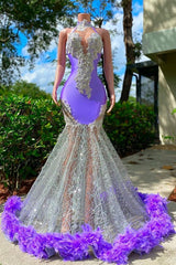 Charming Purple Long Mermaid Halter Satin Tulle Prom Dress