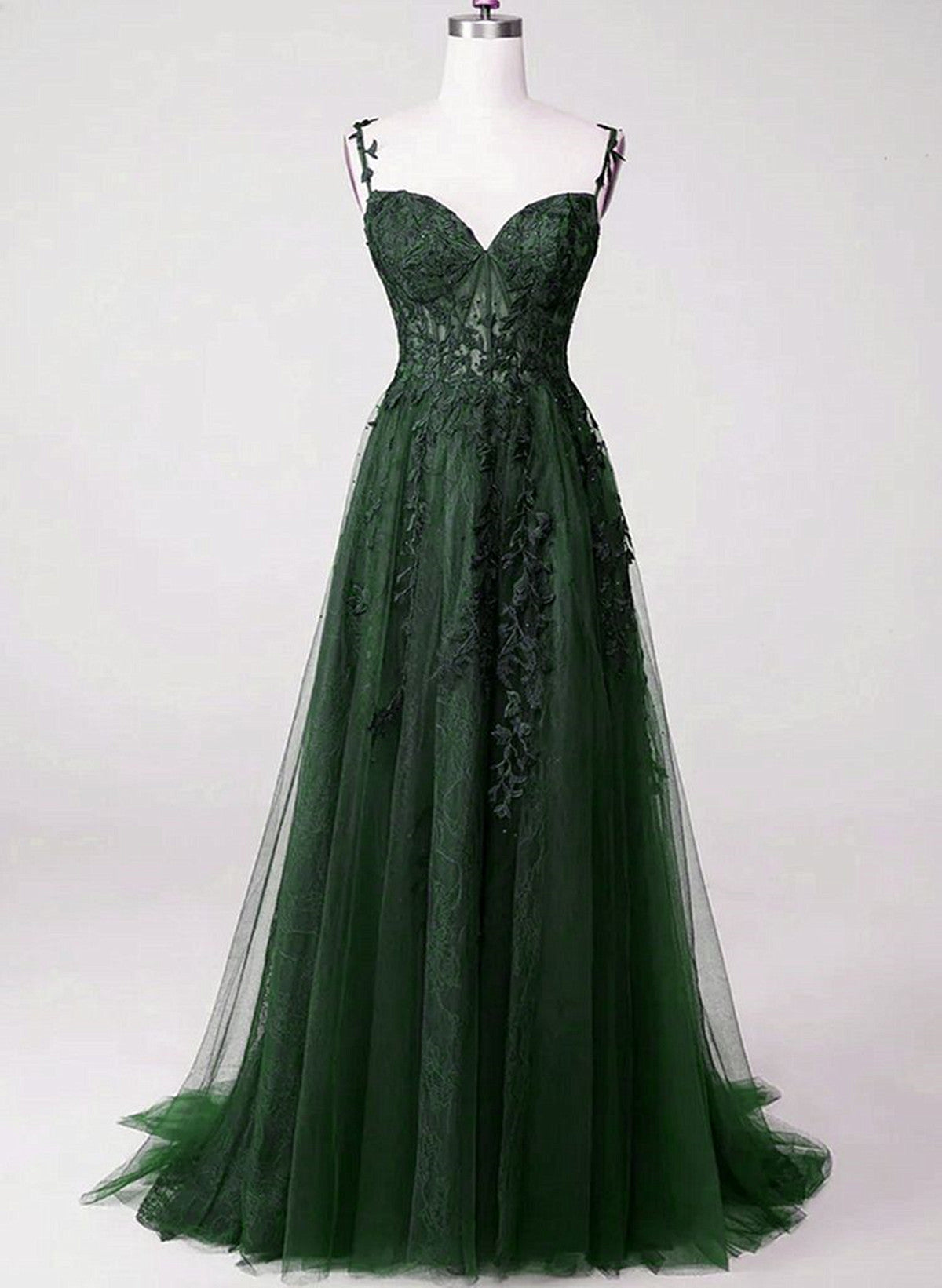 Chic Green Straps Tulle with Lace Party Dress, A-line Sweetheart Floor Length Prom Dress