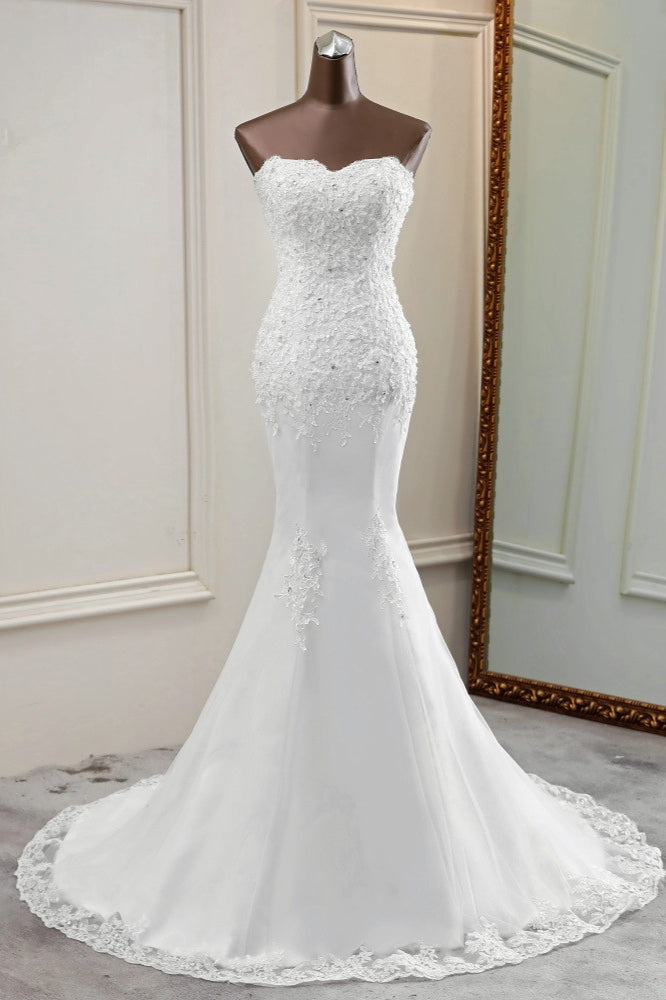 Chic Long Mermaid Strapless Lace Appliques Wedding Dress