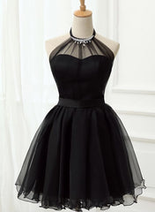 Cute Black Tulle Halter Short Homecoming Dress, Black Prom Dress