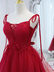 Cute Burgundy Tulle Lace Short Prom Dress, Lace Burgundy Puffy Homecoming Dress